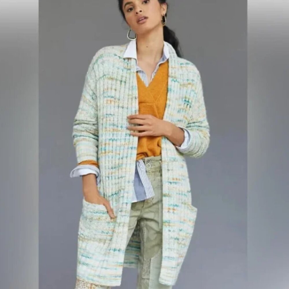 Anthropologie | Space Dyed Longline Open Front Patch Pocket Cardigan Sand XS
